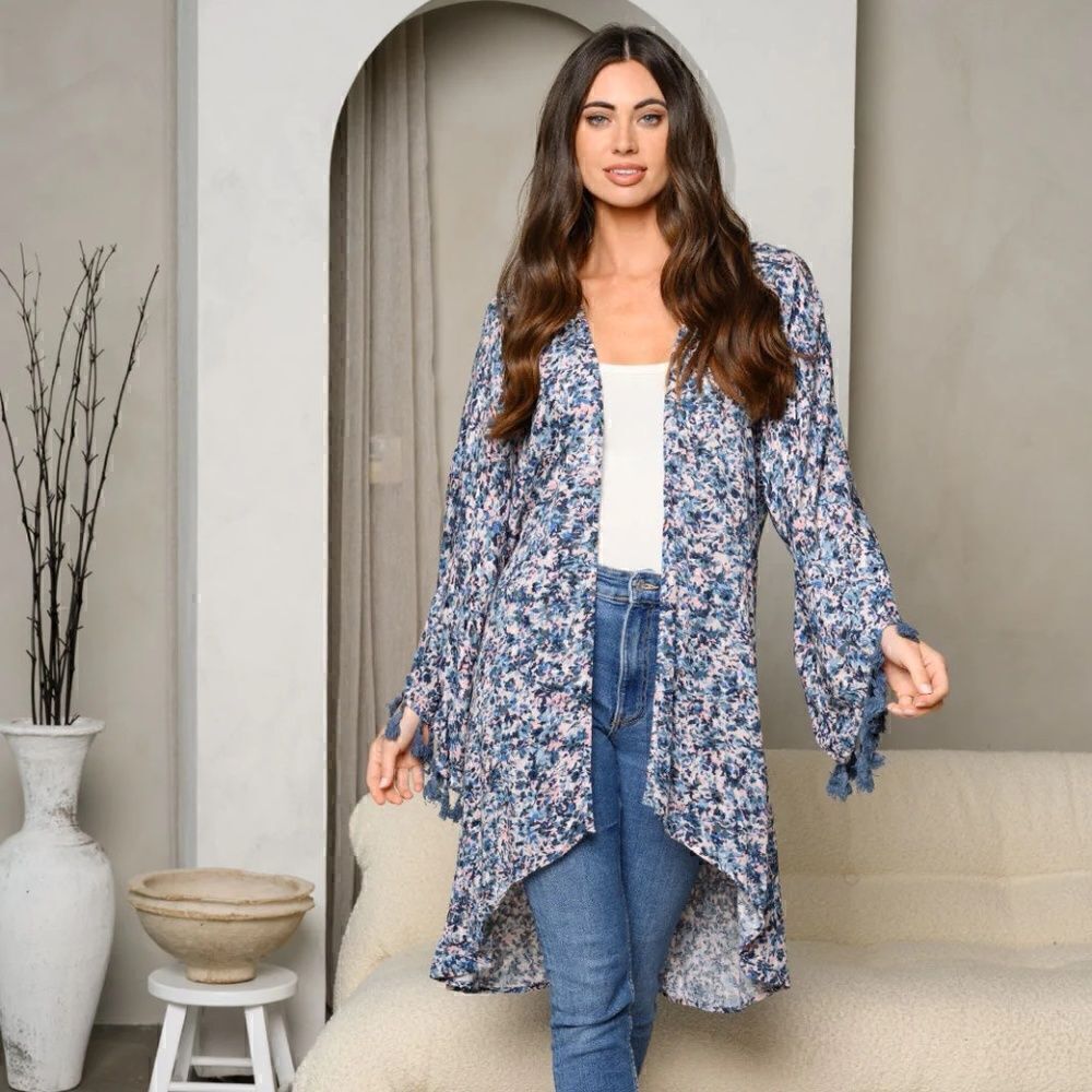 NEW! Beautiful Boho Bell Sleeves Long Open Front Blue Mute Floral Kimono Duster